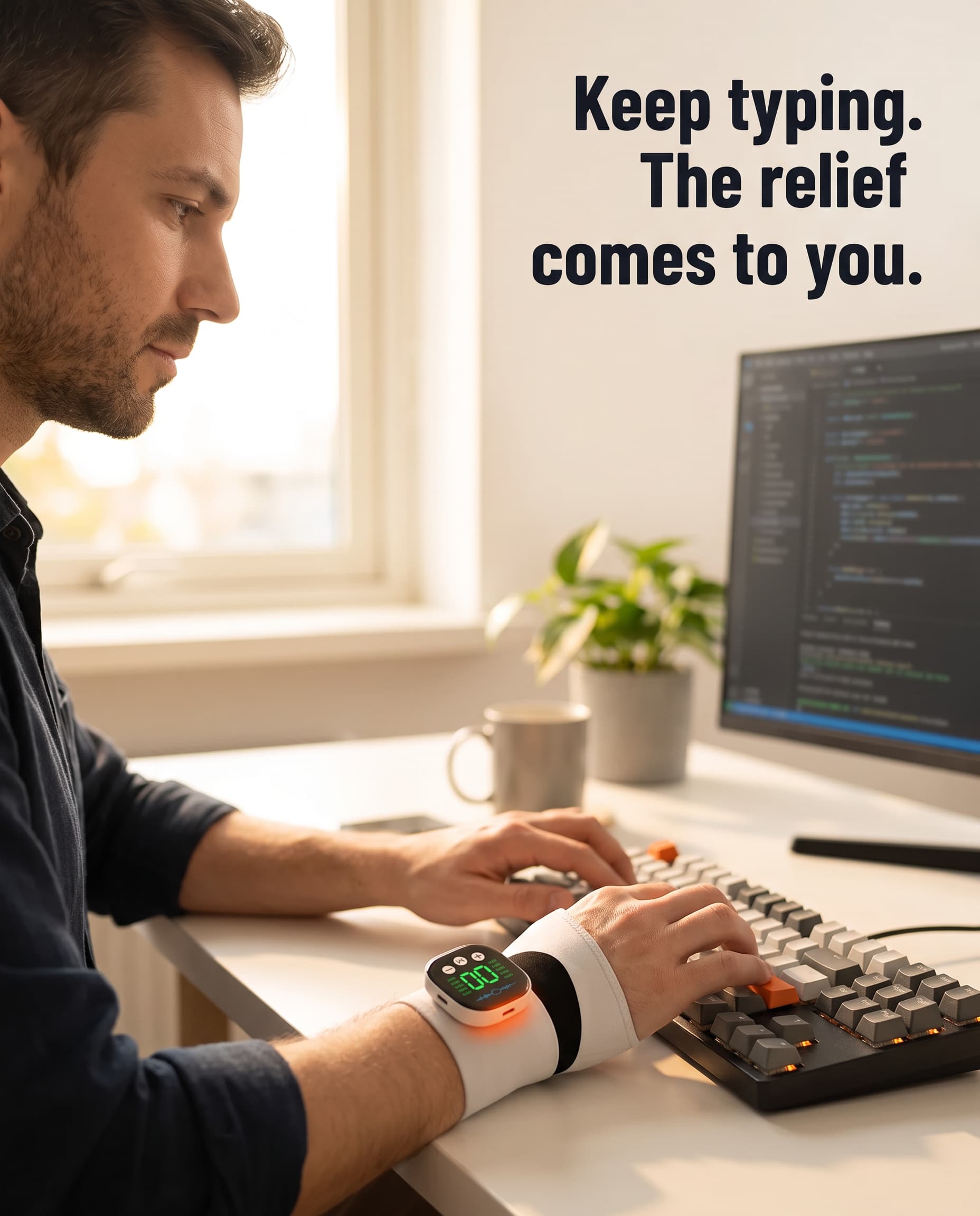 A developer typing at a sunlit desk while wearing the Vavren WristRelief Pro, both hands still on the keyboard.