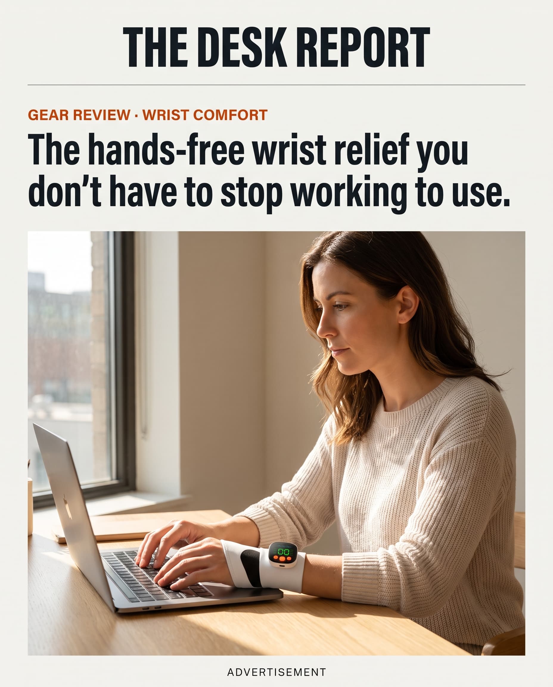 Editorial-style gear review headed The Desk Report: a woman typing on a laptop while wearing the wrist wrap, headline The hands-free wrist relief you don't have to stop working to use.