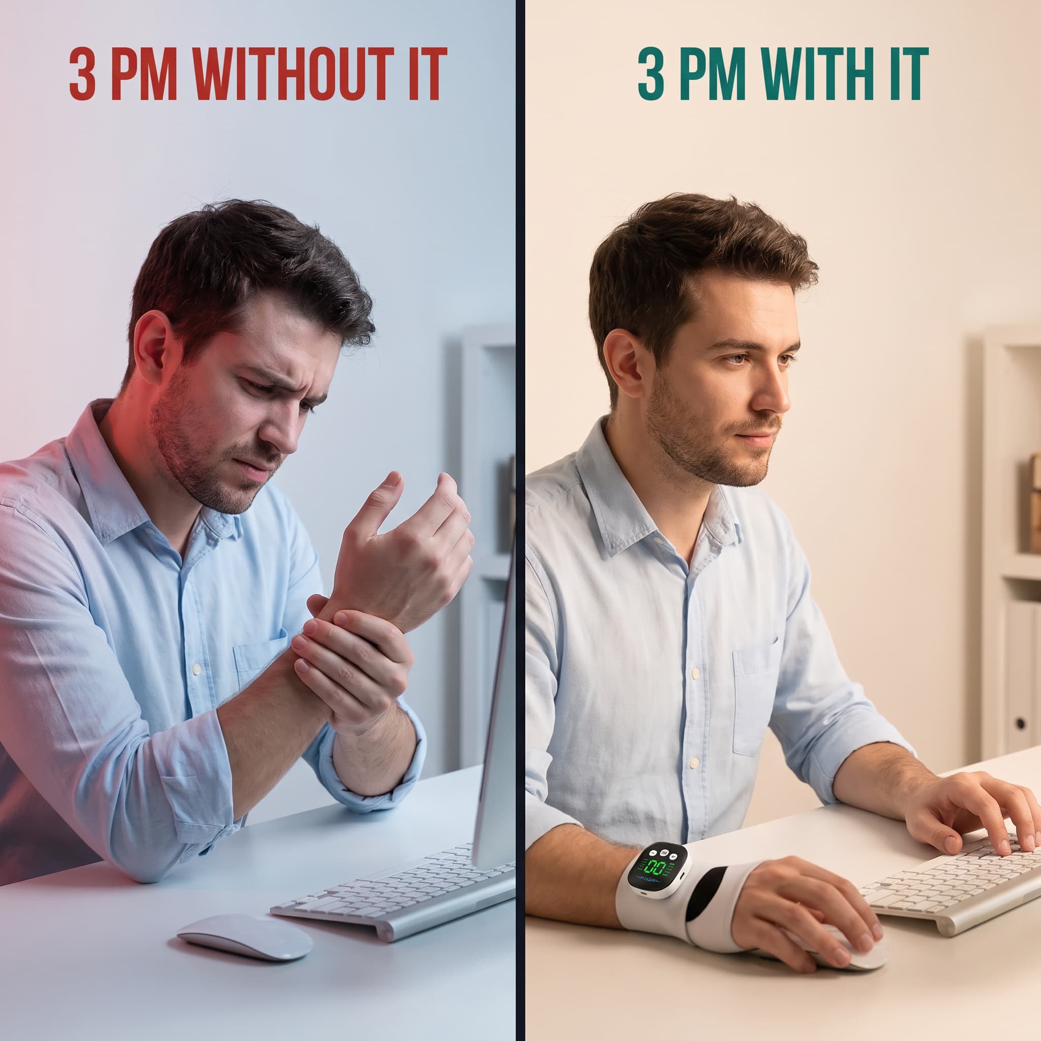 Split image of the same person at 3 PM: on the left, wincing and clutching a sore wrist; on the right, calm and working while wearing the WristRelief Pro.