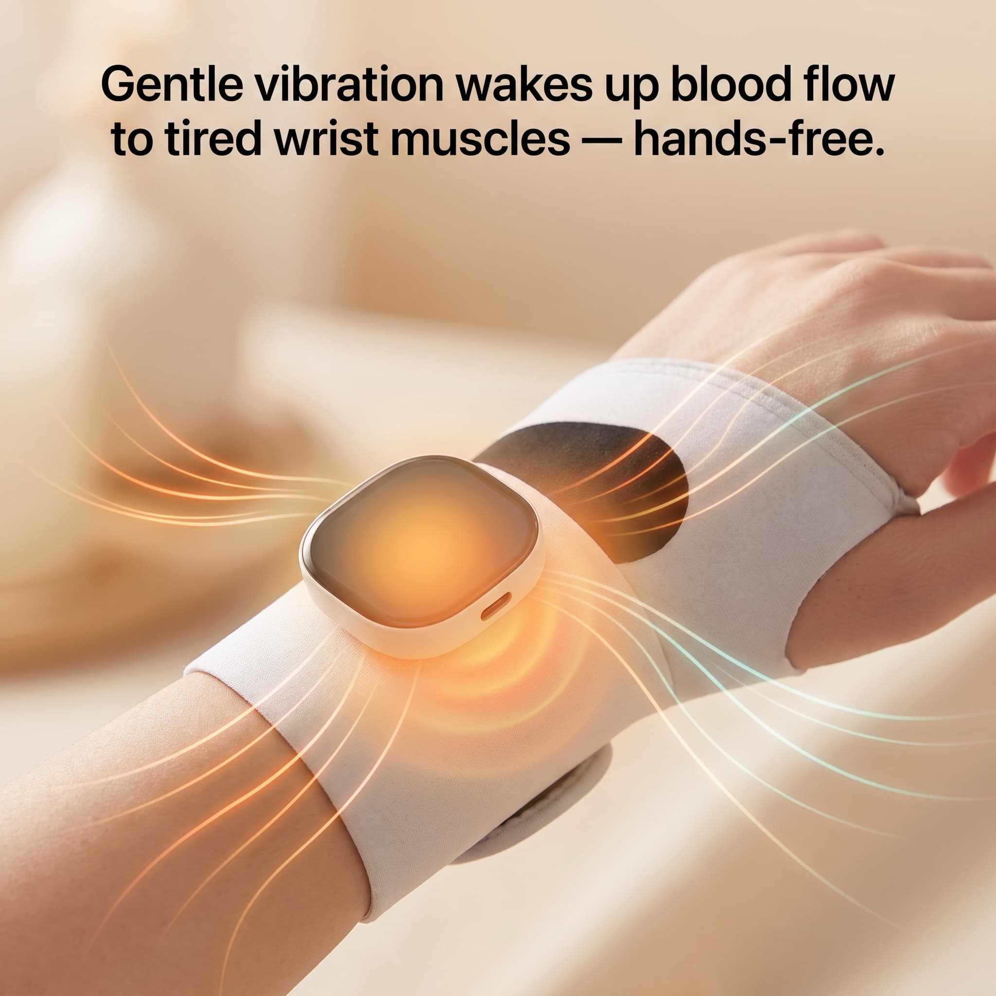 Close-up of the wrap on a wrist with a warm glow radiating from the module and gentle flow lines suggesting fresh blood flow into the forearm.