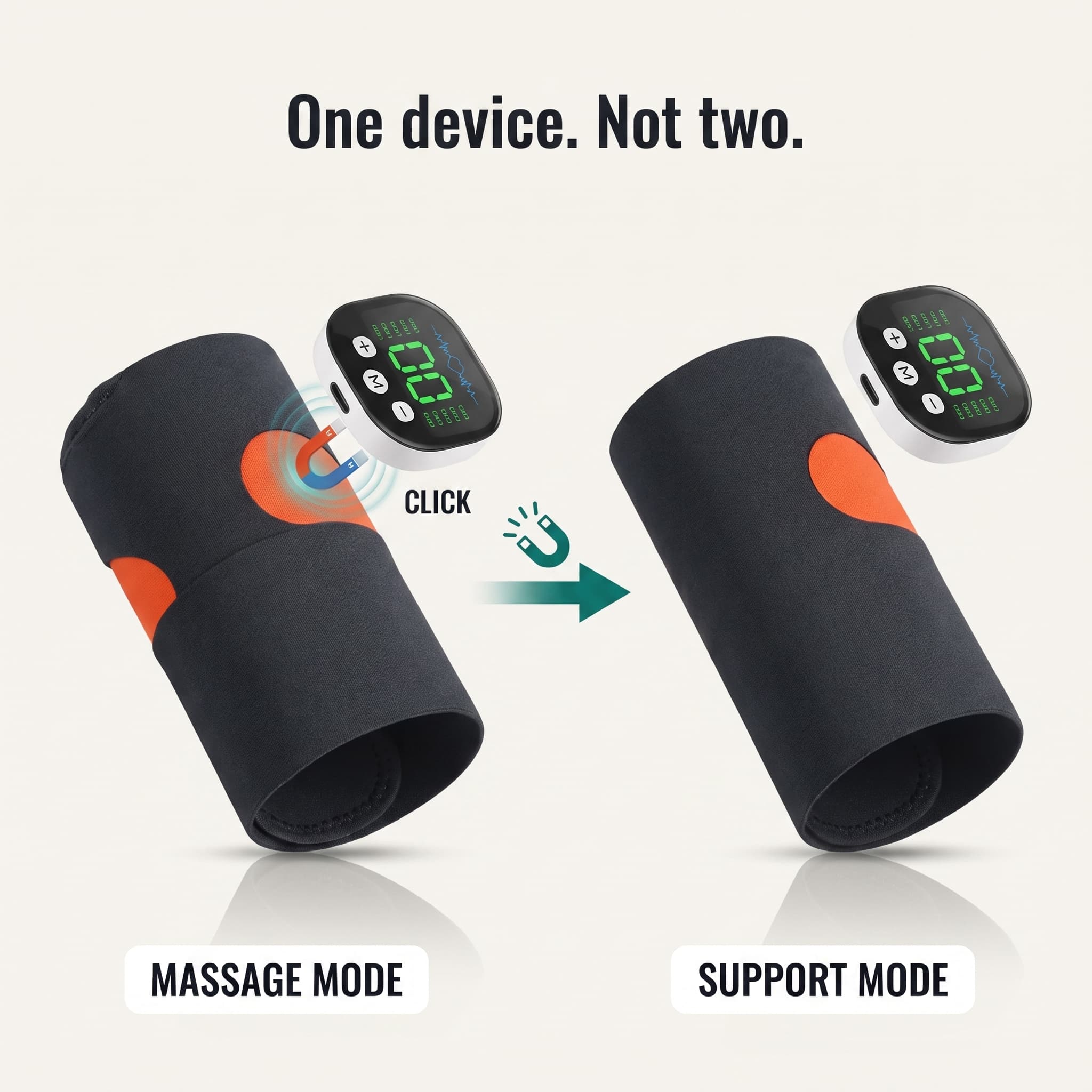 The wrap shown in two states — massage mode with the module clicked in, and support mode with it removed — under the line One device. Not two.