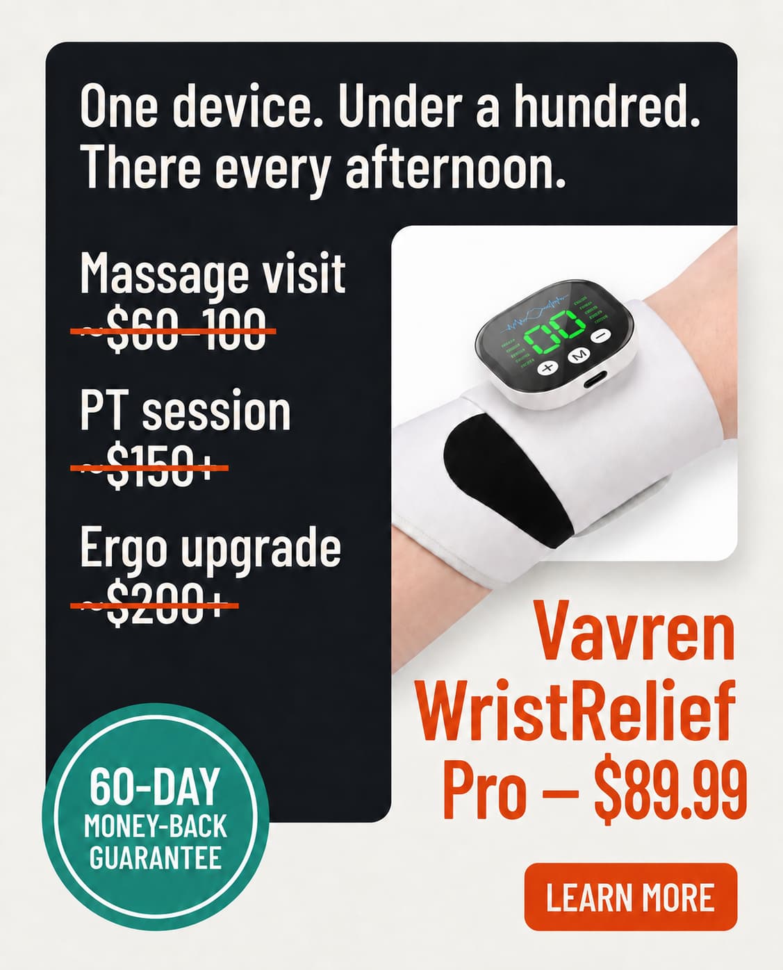 Offer graphic: massage visit $60–100, PT session $150+, ergo upgrade $200+ all crossed out versus Vavren WristRelief Pro $89.99, with a 60-Day Money-Back Guarantee badge.